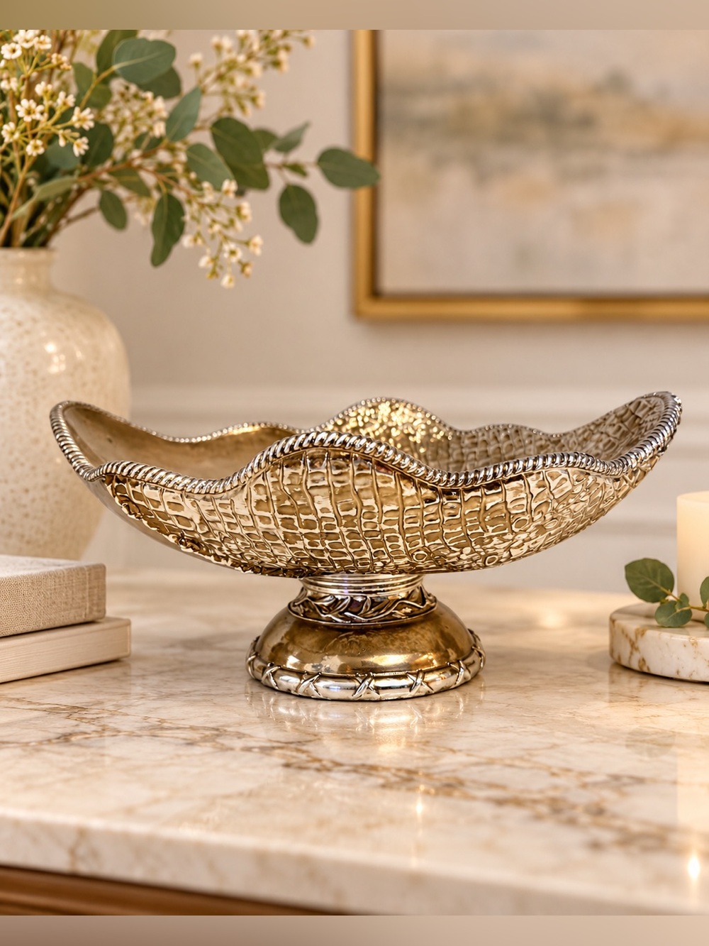 Vintage Metallic Crocodile Textured Pedestal Bowl Centerpiece 13”